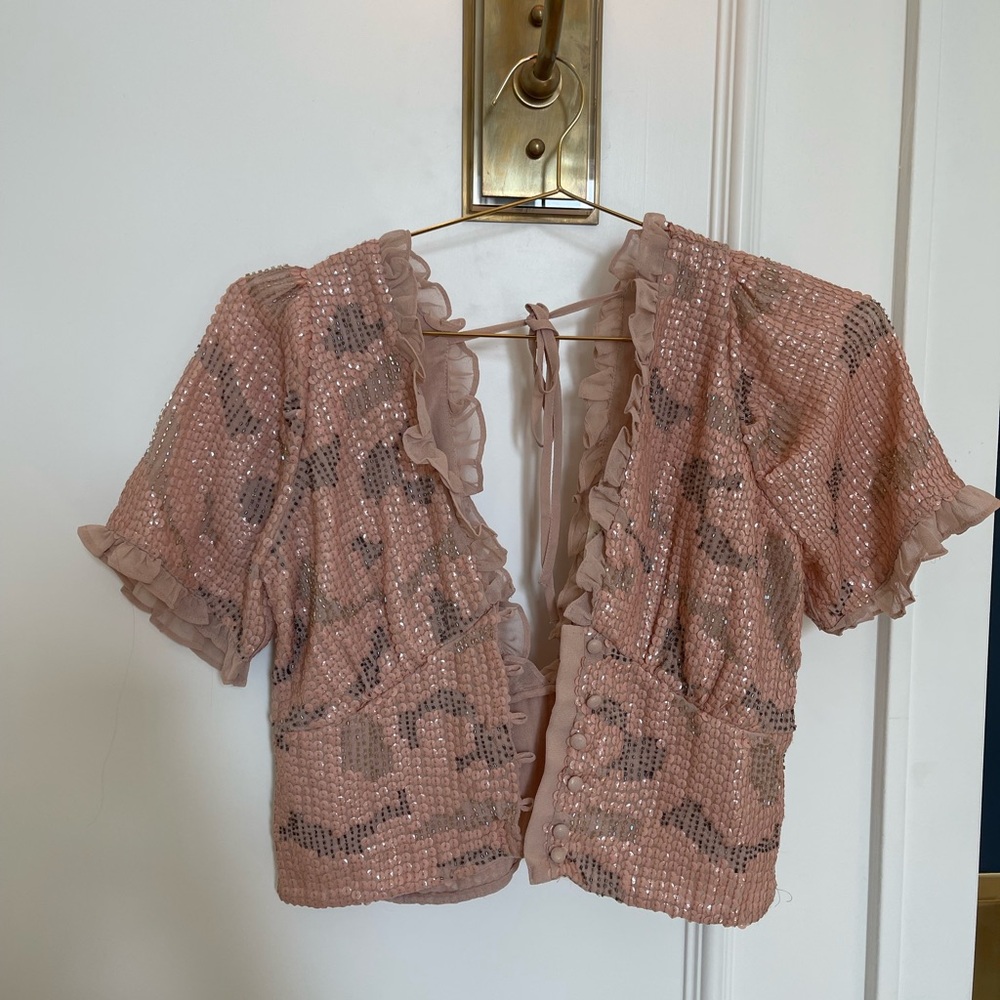 Anthropologie Pink Sequin beaded ruffle Blouse